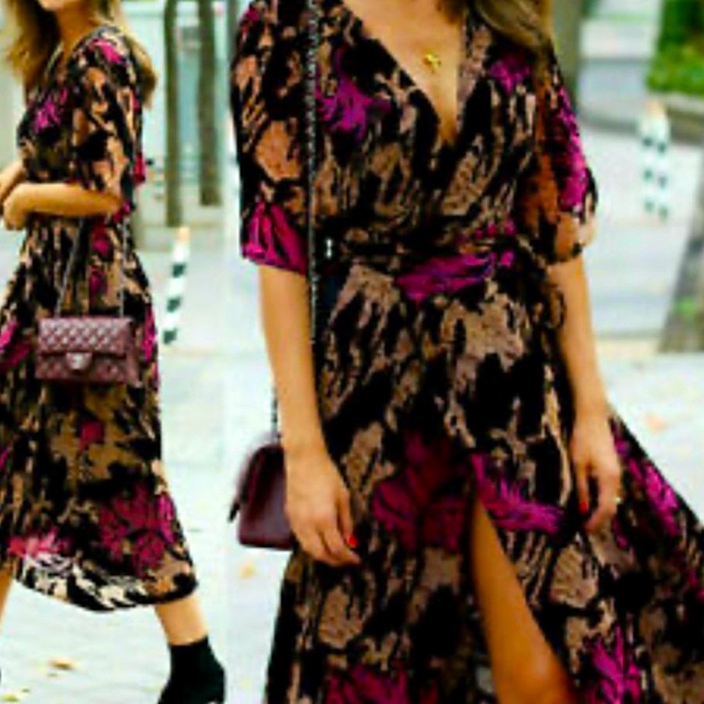 Zara Woman Textured Velvet Floral High Low Belted Wrap Dress